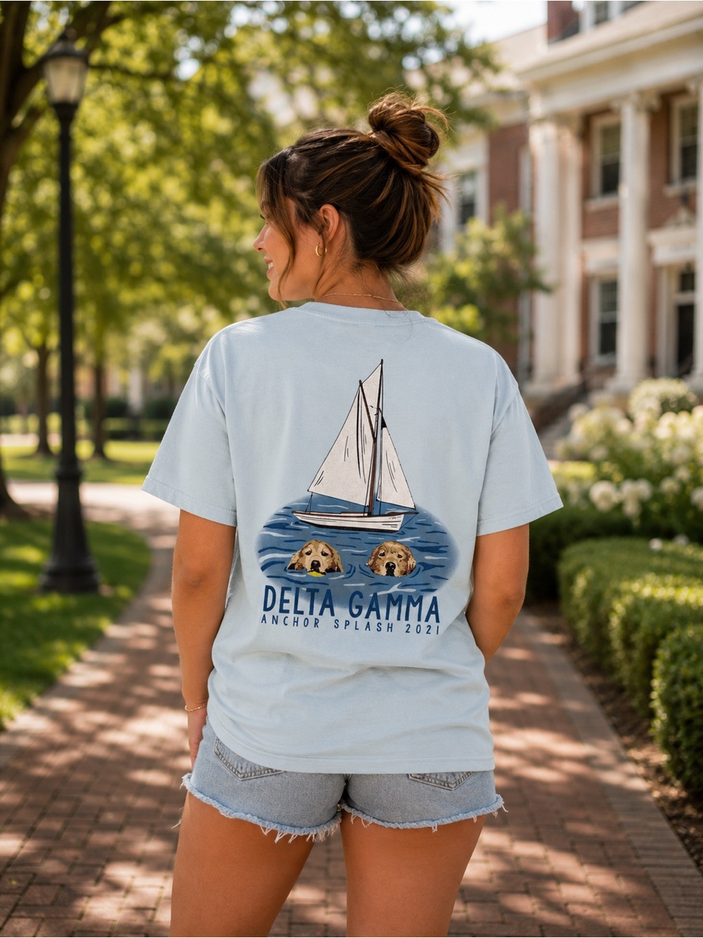 Delta Gamma Sorority Anchor Splash 2021 Graphic T-Shirt Sailboat Dogs Blue L - Picture 4 of 7
